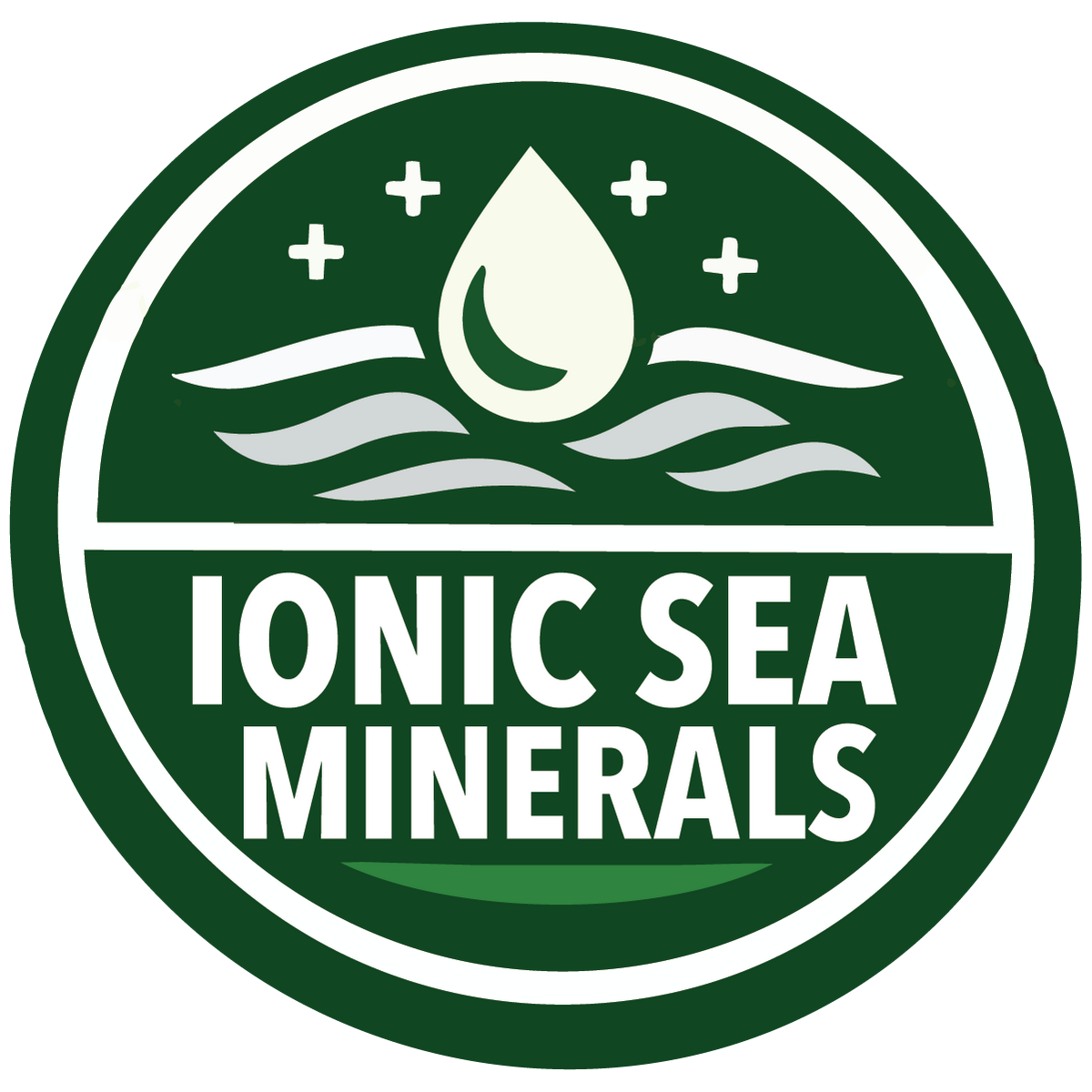 Logo of Ionic Sea Minerals with a green circle, water droplet, and wave design.