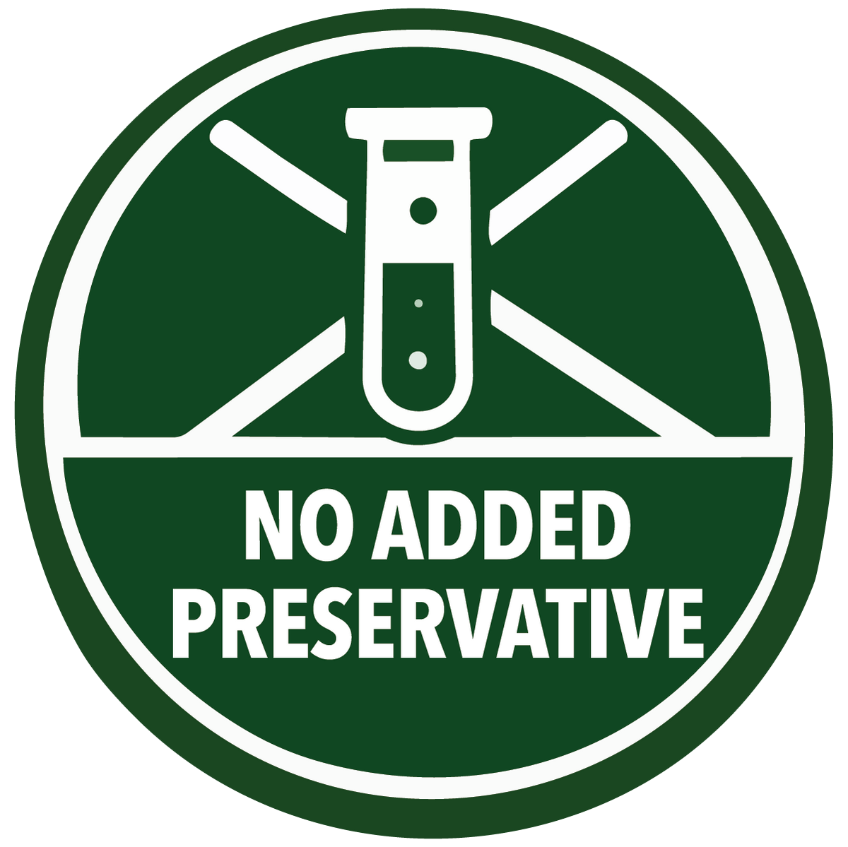 Green label with a test tube icon and 'No Added Preservative' text on a white background