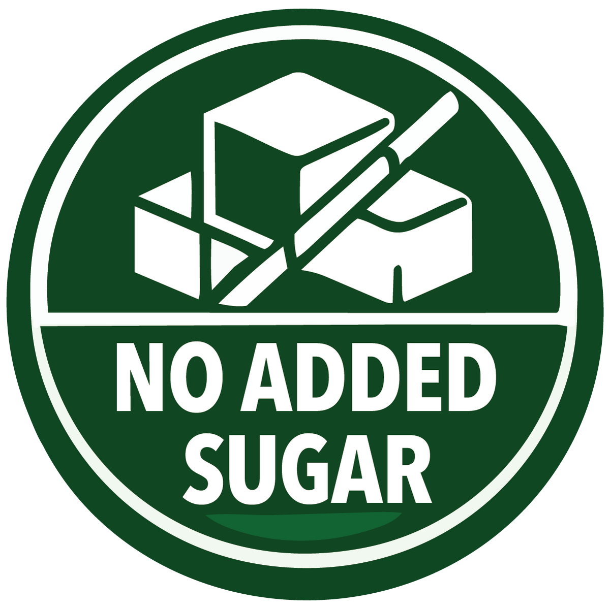 Circular 'No Added Sugar' label with sugar cubes and a bar on a green background