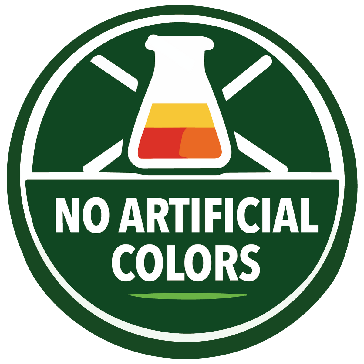 Logo with a beaker and 'No Artificial Colors' text on a green background