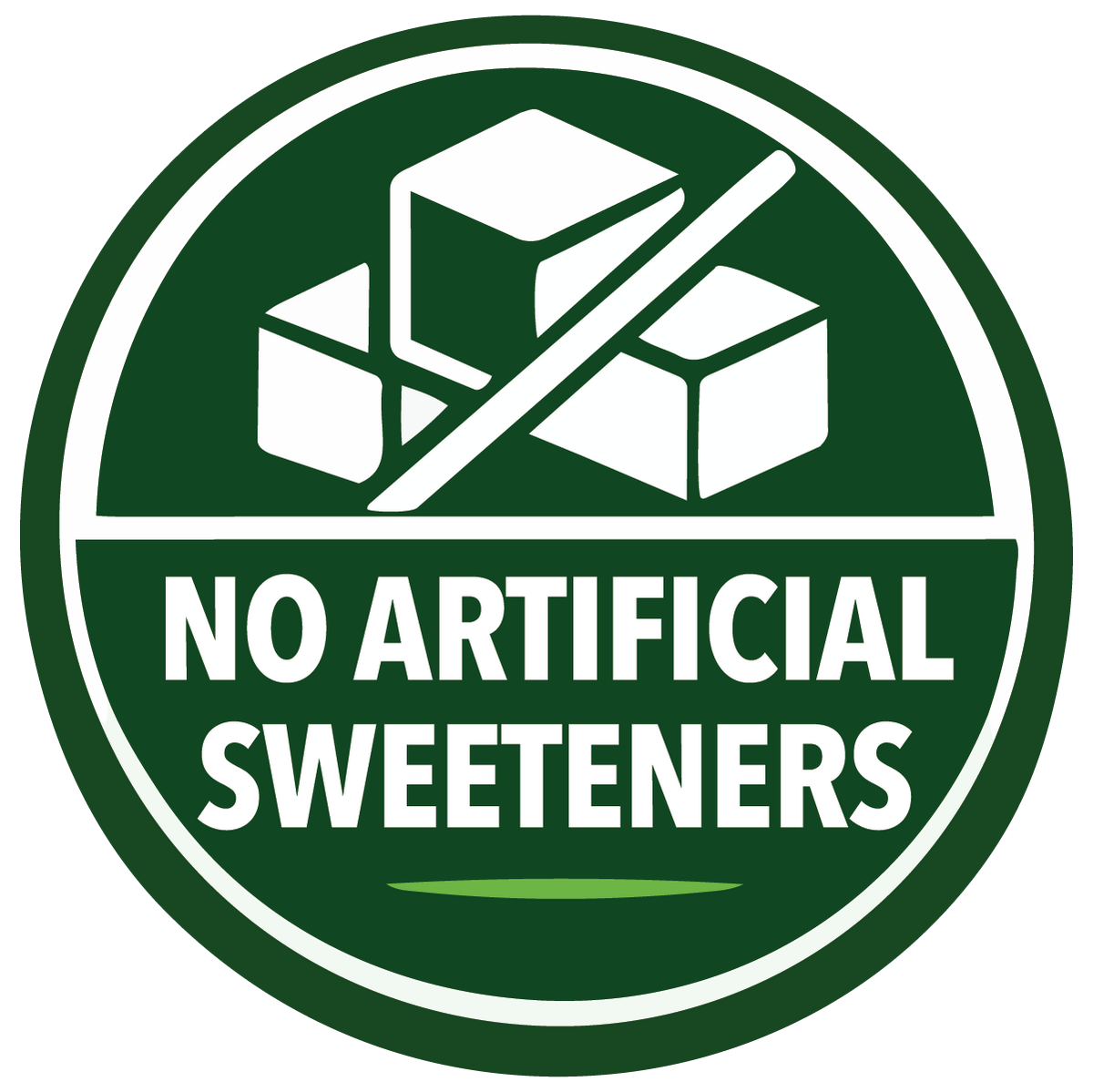 Green circle with a crossed-out sugar cube and 'No Artificial Sweeteners' text on a white background