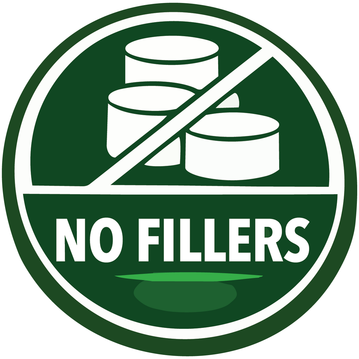 Logo with 'No Fillers' text and crossed-out product containers on a green background