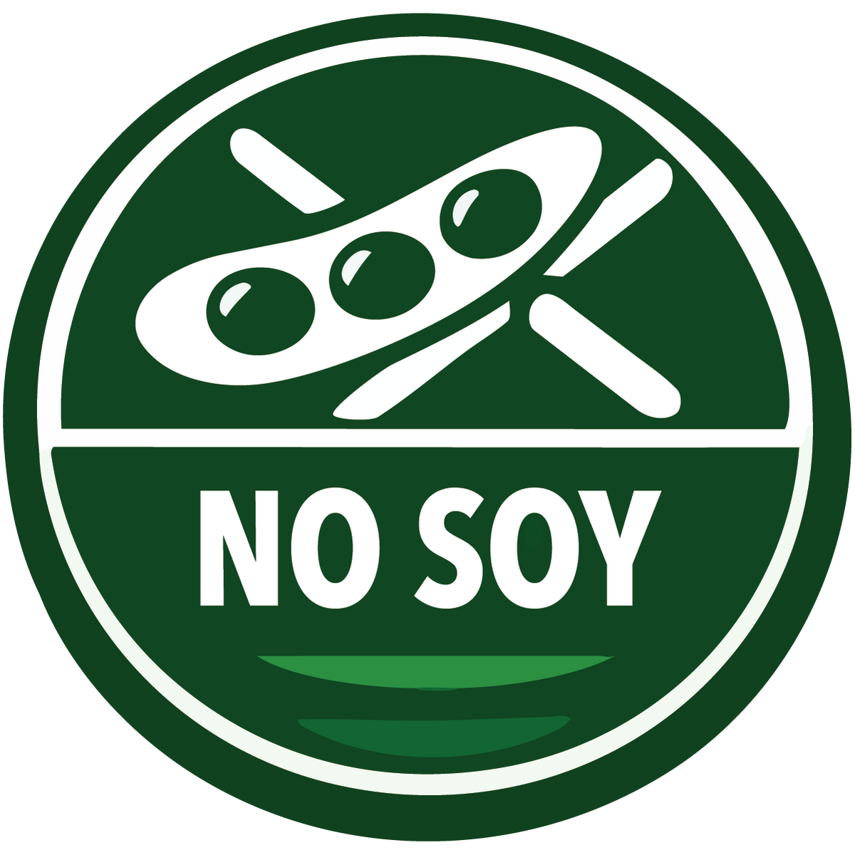 Green circle with white text 'NO SOY' and a graphic of a soybean, indicating a soy-free product.