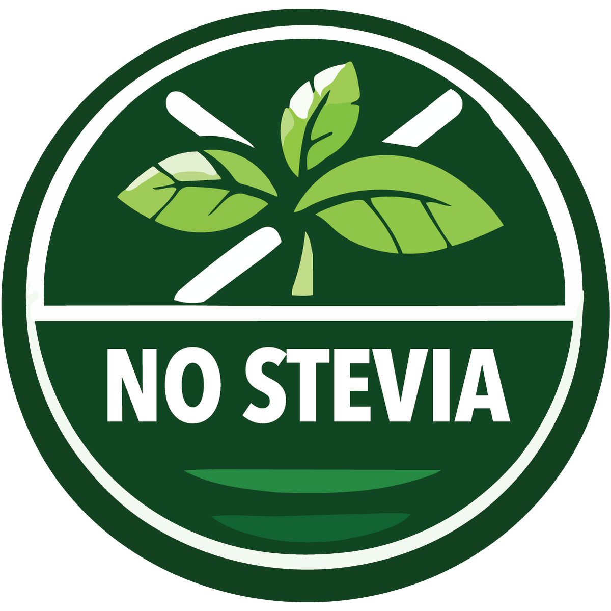 Circular logo with green leaves and 'NO STEVIA' text on a white background