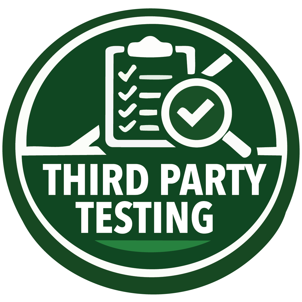 Logo for third-party testing with a clipboard, magnifying glass, and check mark on a green background.