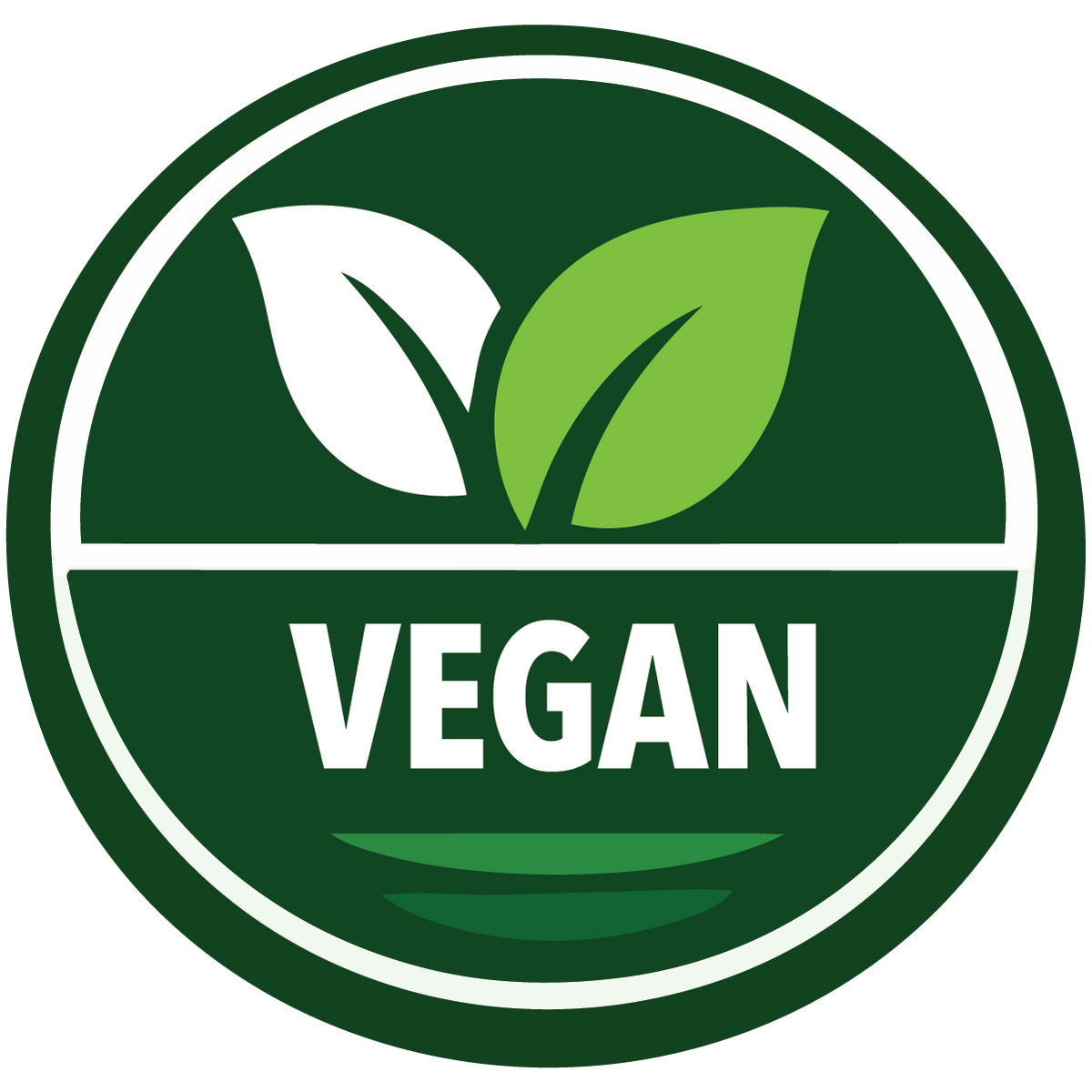 Vegan logo with two leaves and the word 'VEGAN' on a green background
